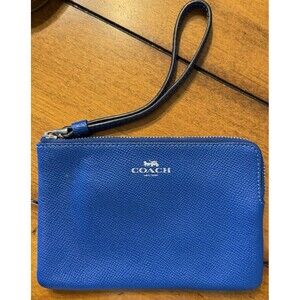 COACH “Royal” BLUE Women’s Top Zip Leather Wallet Wristlet 6”x4” Silver Stamp